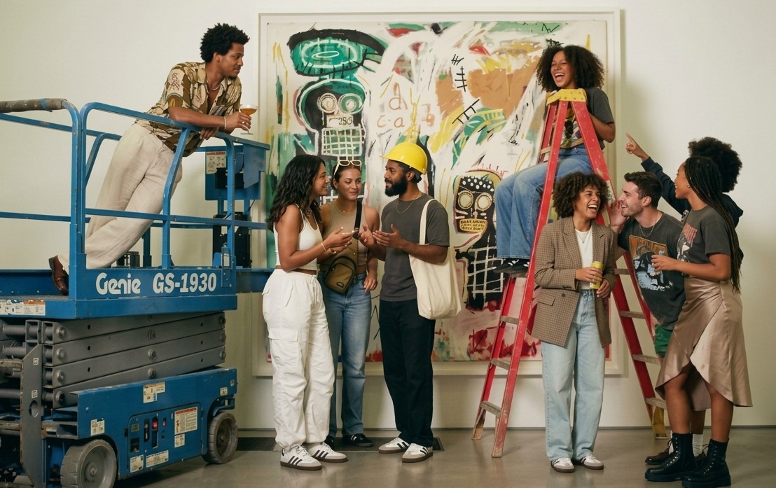friends laughing together in front of a Basquiat painting at PAMM